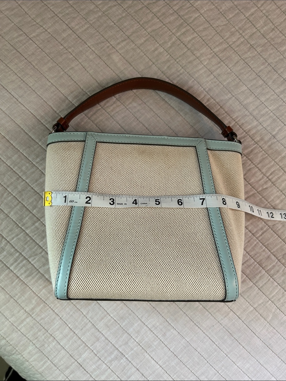 Tory Burch McGraw bucket canvas small tote bag cream blue - Picture 15 of 16